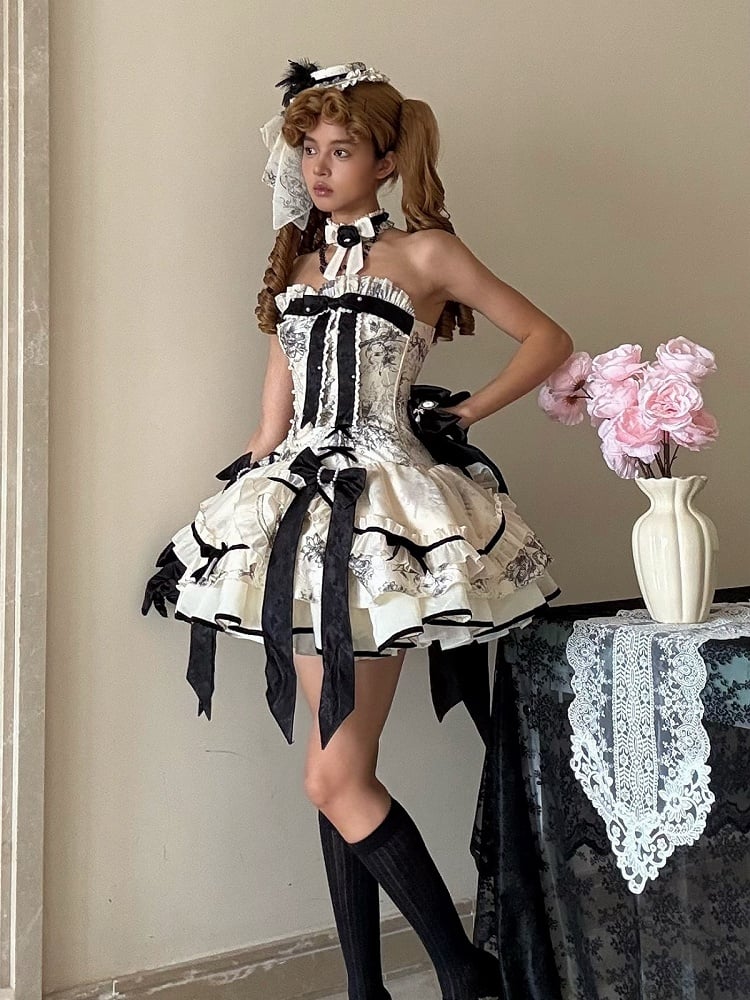 Elegant Classic Lolita Jumper Skirt with Pearl Embellishments and Lace Details 商品画像