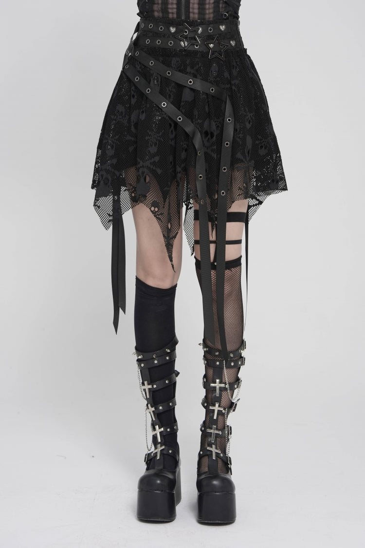 Black Double-Layered Lace Lace-Up Irregular Mesh Eyelet Women's Punk Skirt - Product - 3