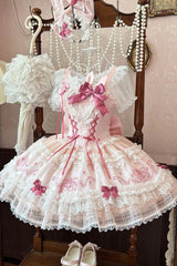 Pink [Sweetheart Bunny] Square Collar Flutter Sleeves Multi-Layered Jacquard Ruffled Embroidered Bow Lace Sweet Lolita Jsk Dress - Product - 6
