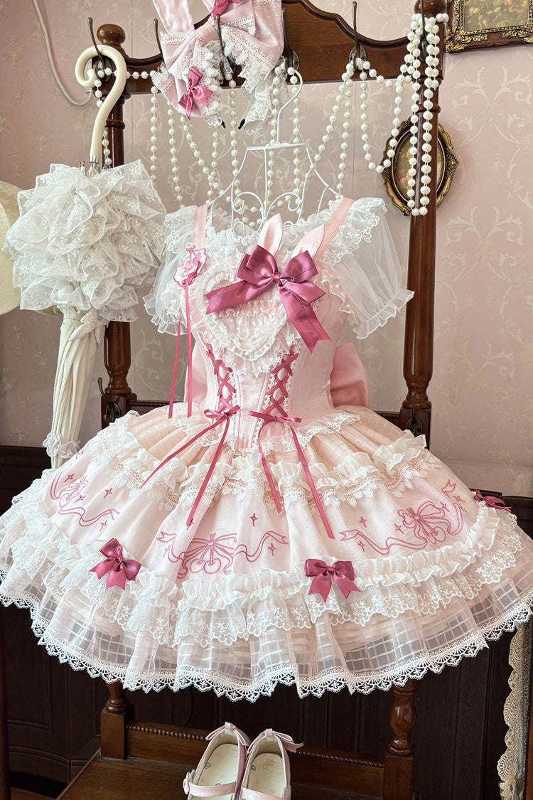 Pink [Sweetheart Bunny] Square Collar Flutter Sleeves Multi-Layered Jacquard Ruffled Embroidered Bow Lace Sweet Lolita Jsk Dress - Product - 6