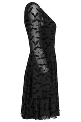 Black Minimalist Flared Sleeve Bat Moon Flocking Print Pattern Long Sleeves Punk Women's Dress - Product - 6