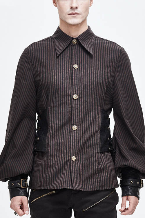 Brown Striped Waist Cuff Leather Mens Punk Blouse - Brown - 1