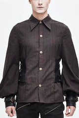 Brown Striped Waist Cuff Leather Mens Punk Blouse - Brown - 1