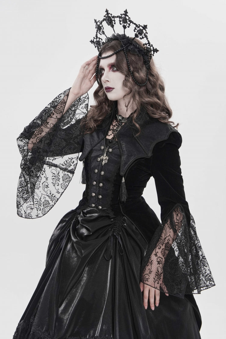 Black Long Trumpet Sleeves Embroidered Lace Slim Zippered Women's Gothic Bat Wing Collar Double-breasted Zip Jacket - Product - 12