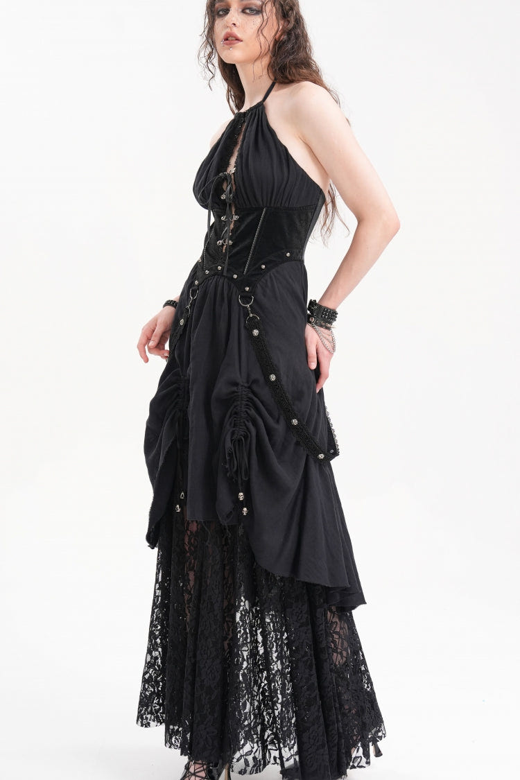 Black Halterneck Hollow Lace Women's Gothic Strap Maxi Dress - Product - 9