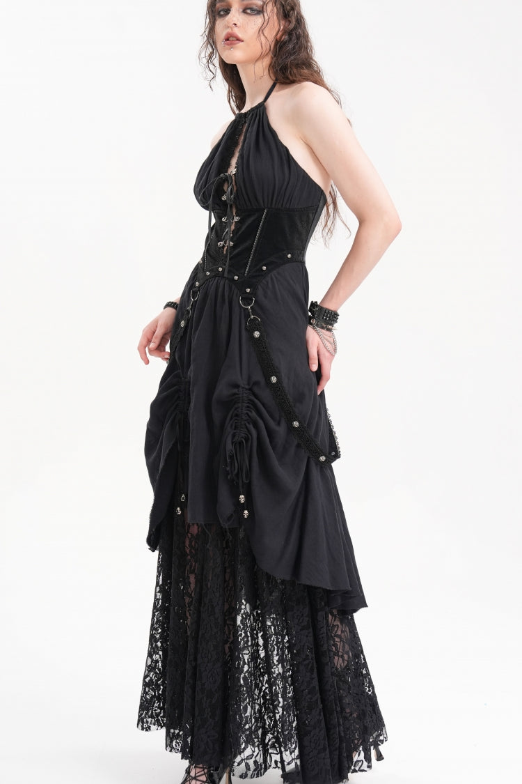 Black Halterneck Hollow Lace Women's Gothic Strap Maxi Dress - Product - 9