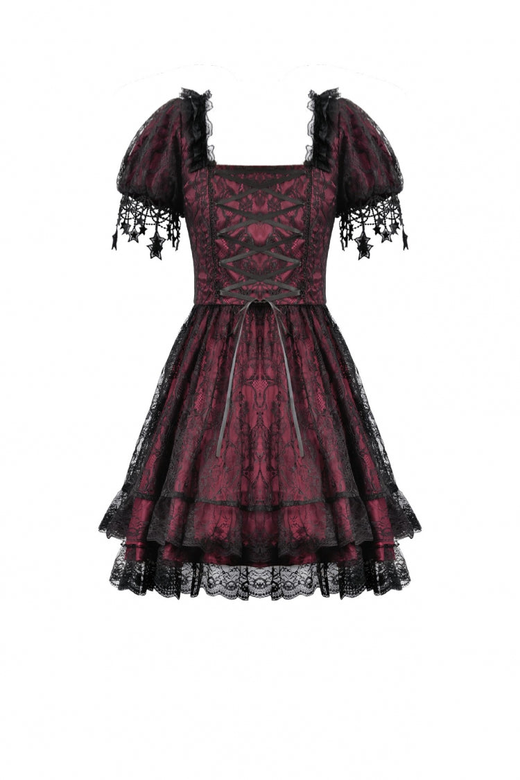 Black/Red Star Square-cut Collar Short Sleeves Lace Women's Gothic Priness Dress Graduation Dress - Product - 14