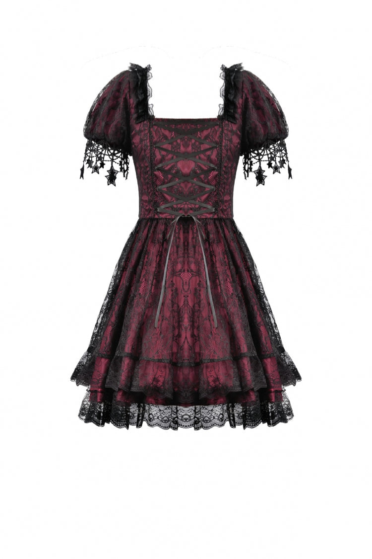 Black/Red Star Square-cut Collar Short Sleeves Lace Women's Gothic Priness Dress Graduation Dress - Product - 14