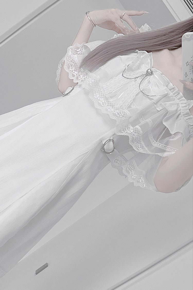 White [Pear Moon] Ruffle Bowknot Lace Jirai Kei Japanese Dress - Product - 2