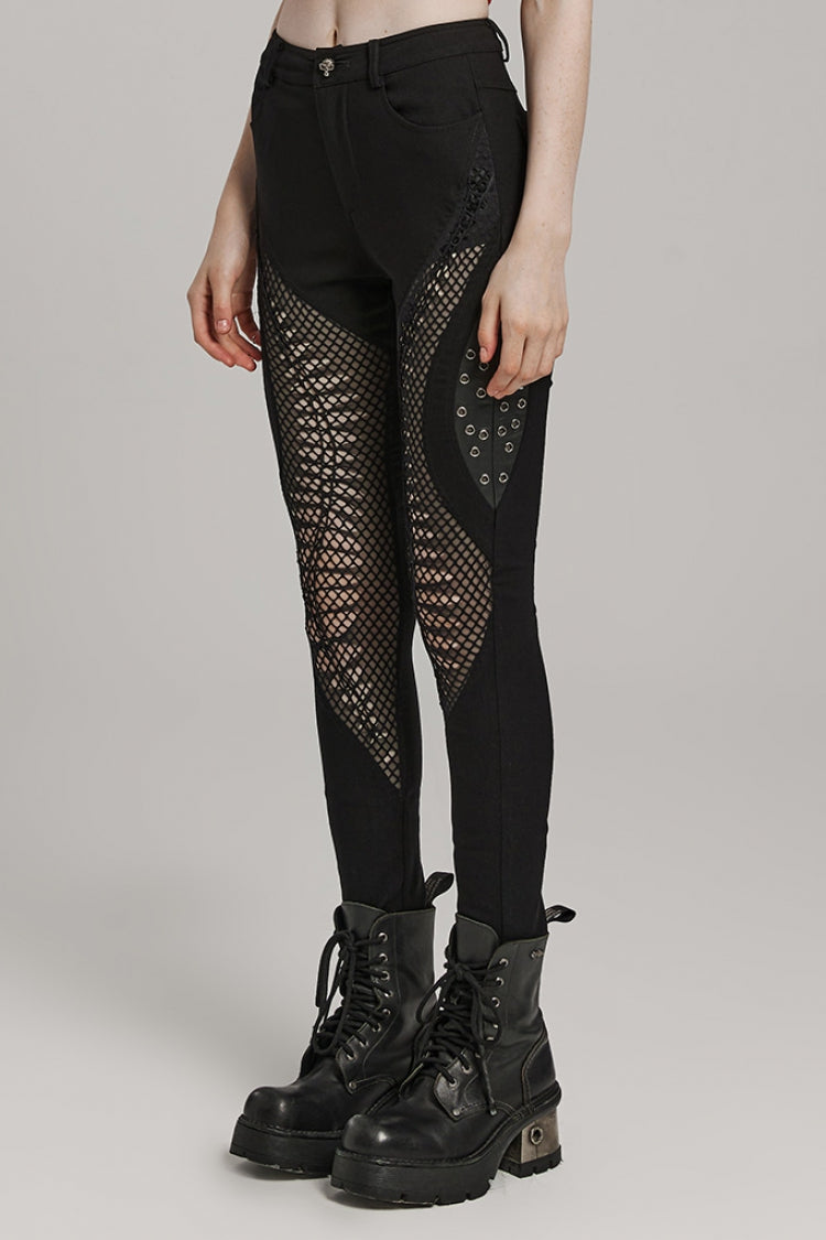 Black Hollow Stitching Irregular Mesh Women's Steampunk Pants - Product - 2