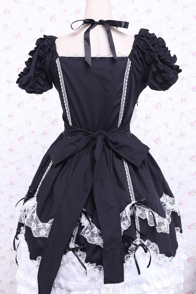 Black/White Cotton Square Collar Lace Trim Gothic Lolita Dress - Product - 2