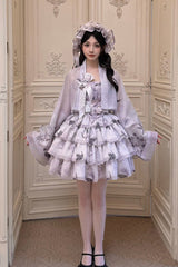 [Stained Glass Dream] Square Collar Sleeveless High Waisted Multi-Layered Printed Ruffled Bow Gothic Lolita Jsk Dress 2 Colors(Black/Purple, White/Purple) - White/Purple - 6