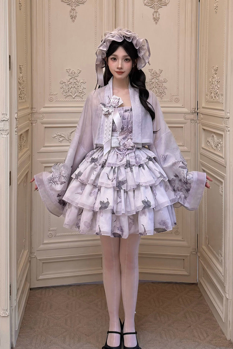 [Stained Glass Dream] Square Collar Sleeveless High Waisted Multi-Layered Printed Ruffled Bow Gothic Lolita Jsk Dress 2 Colors(Black/Purple, White/Purple) - White/Purple - 6