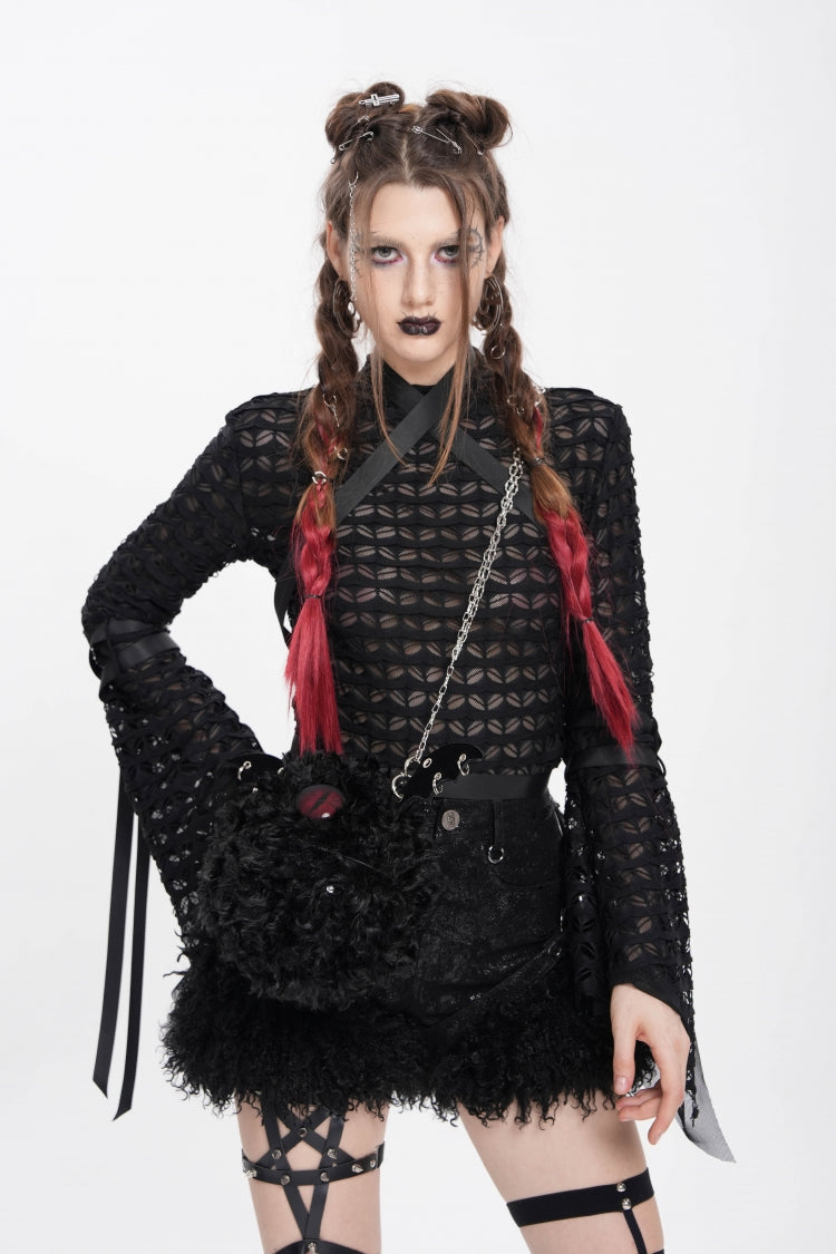 Black Stand Collar Long Sleeves Mesh Buckle Straps Women's Punk Blouse - Product - 2