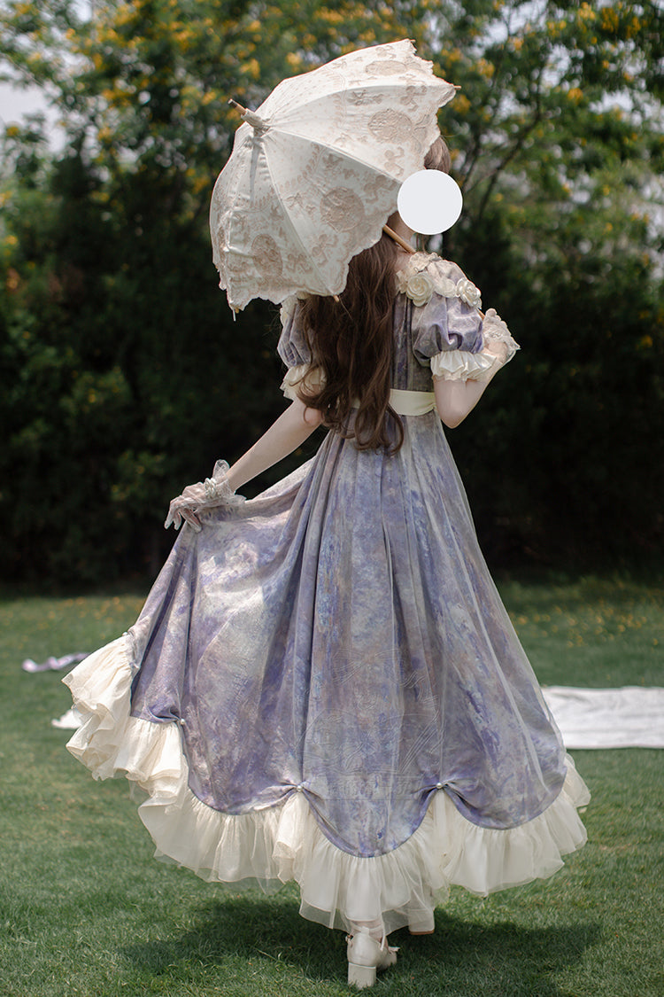 Purple [Oil Painting Sun and Moon Poem] Short Sleeves Print Ruffle Bowknot Sweet Princess Lolita Dress - Product - 10