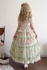 Green [Cat Rose Tea] Print Ruffle Daily Sweet Lolita Skirt - Product - 8