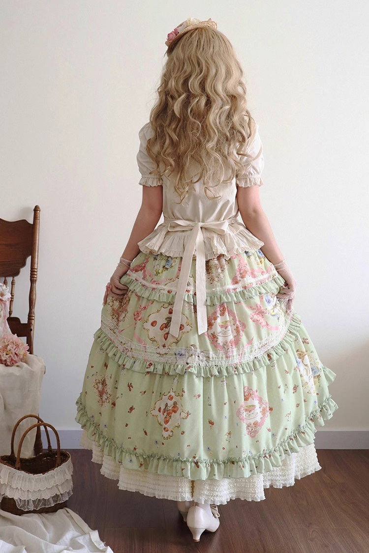 Green [Cat Rose Tea] Print Ruffle Daily Sweet Lolita Skirt - Product - 8