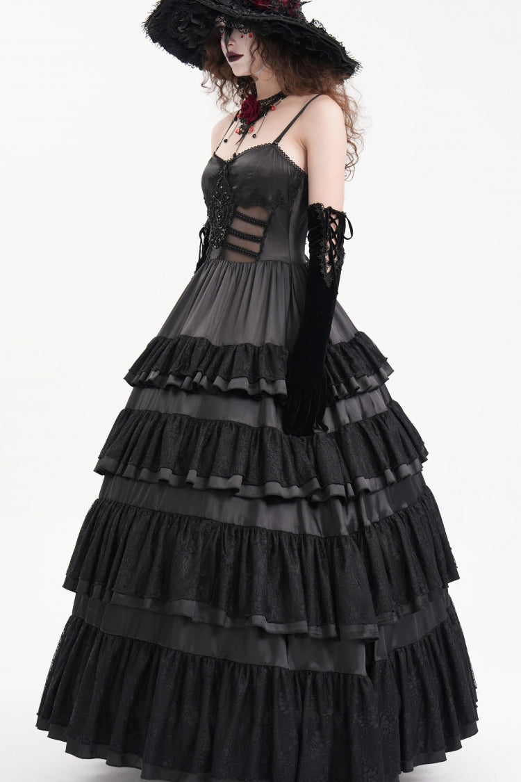 Black Multi-Layered Ruffle Lace-Up Mesh Women's Gothic Dress - Product - 3