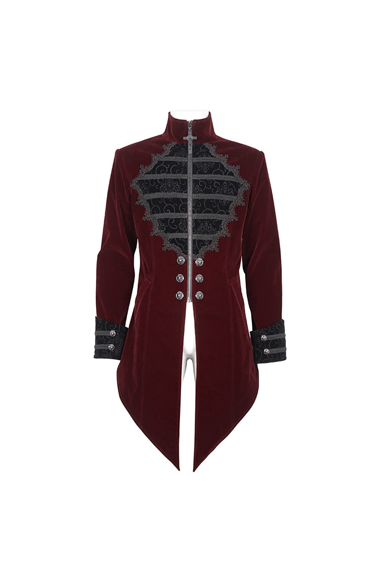 Red Stand Collar Lace Splice Swallow Tailed Men's Gothic Coat - Product - 8