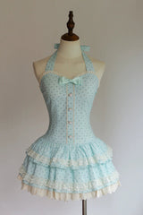 [Summer Mint] Halterneck Sleeveless Double-Layered Printed Ruffled Bow Lace Sweet Lolita Jsk Dress 5 Colors (Blue, Pink, Red, Black, White) - Blue-Polka-Dots - 9