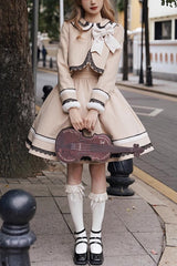 Light Tan Doll Collar Bowknot Autumn Winter Sweet College Style Lolita Dress Two Piece Set - Light-Tan - 1