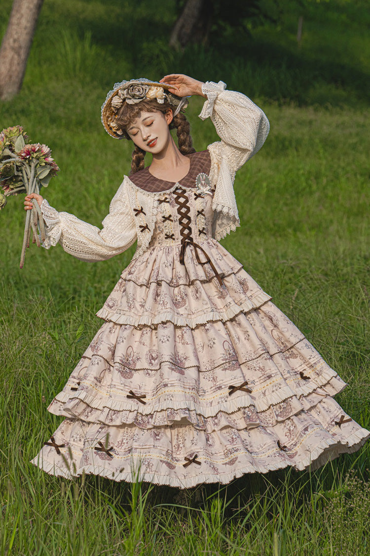 Multi-Color Evening Time Multi-Layered Print Ruffle Bowknot Lace-Up Sweet Elegant Lolita Dress - Product - 6