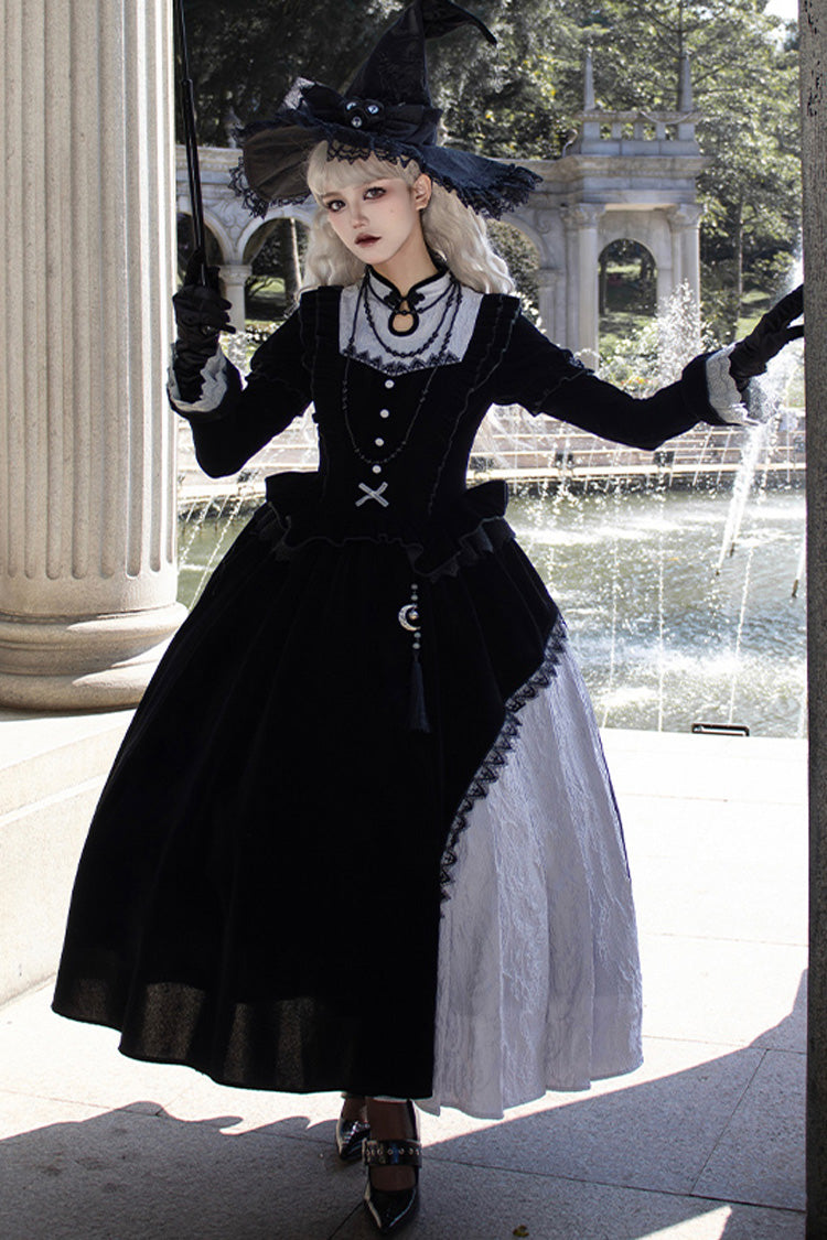 Black Witch Long Sleeves Ruffle Bowknot Stitching Lace Gothic Lolita Long Dress - Black - 1