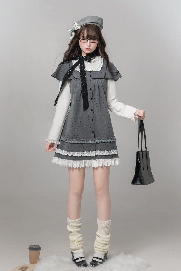 Grey Square Collar Long Sleeves Polka Dot Printed Ruffled Sweet Lolita Dress - Product - 5