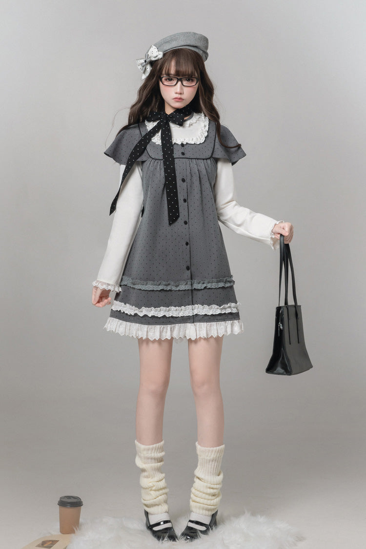 Grey Square Collar Long Sleeves Polka Dot Printed Ruffled Sweet Lolita Dress - Product - 5