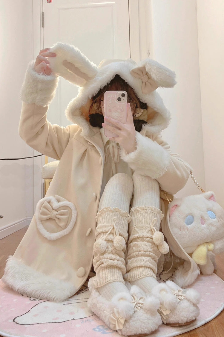 Light Yellow Woolen Rabbit Ears Single-breasted Bowknot Sweet Princess Lolita Coat - Yellow - 1