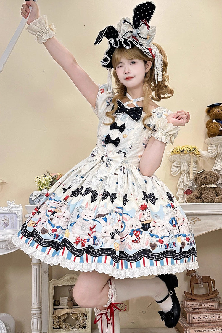 Beige Mystery Rabbit Tea Party Square Collar Short Sleeves Print Ruffle Bowknot Lace Sweet (Dress Only) detail view 3