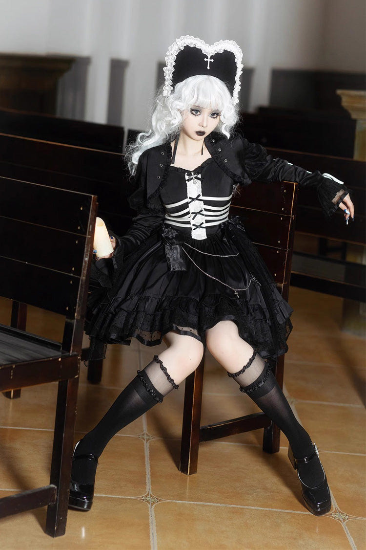 Black Prisoner Illusion Long Sleeves Multi-layer Ruffle Bowknot Gothic Princess Lolita Jsk Dress - Product - 5