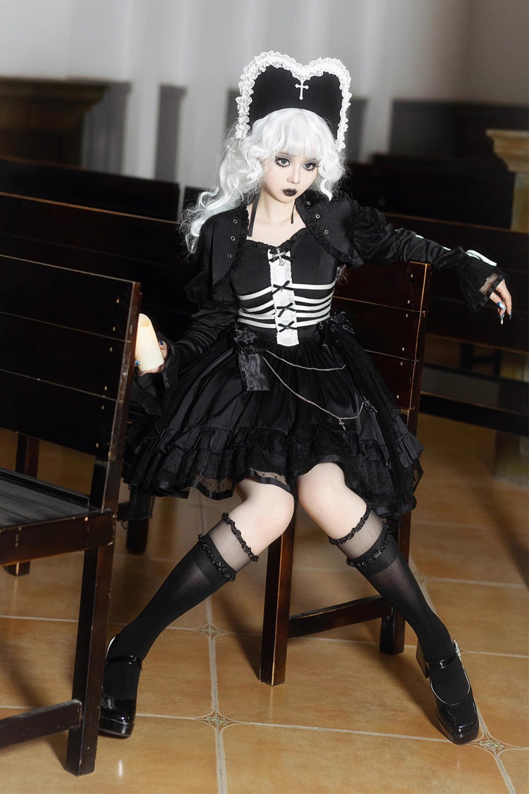 Black Prisoner Illusion Long Sleeves Multi-layer Ruffle Bowknot Gothic Princess Lolita Jsk Dress - Product - 5