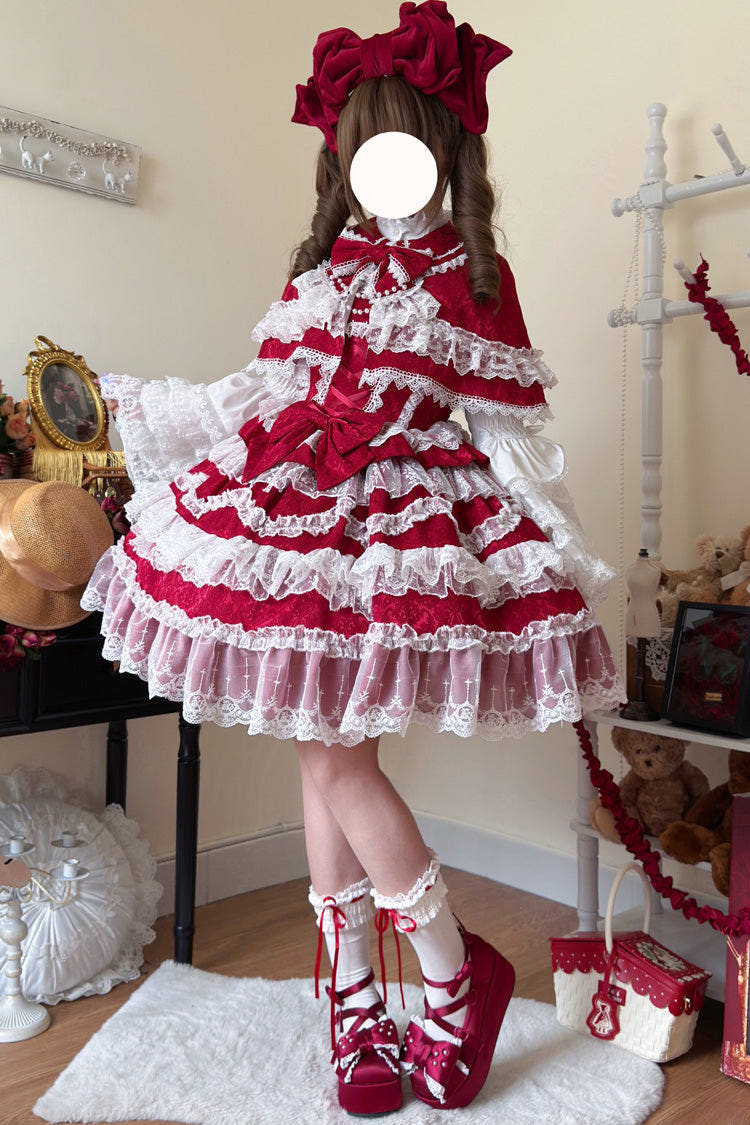 Wine Red [Love and Heart Flutter] Sleeveless Multi-Layered Ruffle Bowknot Lace Pearl Sweet Lolita Jsk Dress - Wine-Red - 1