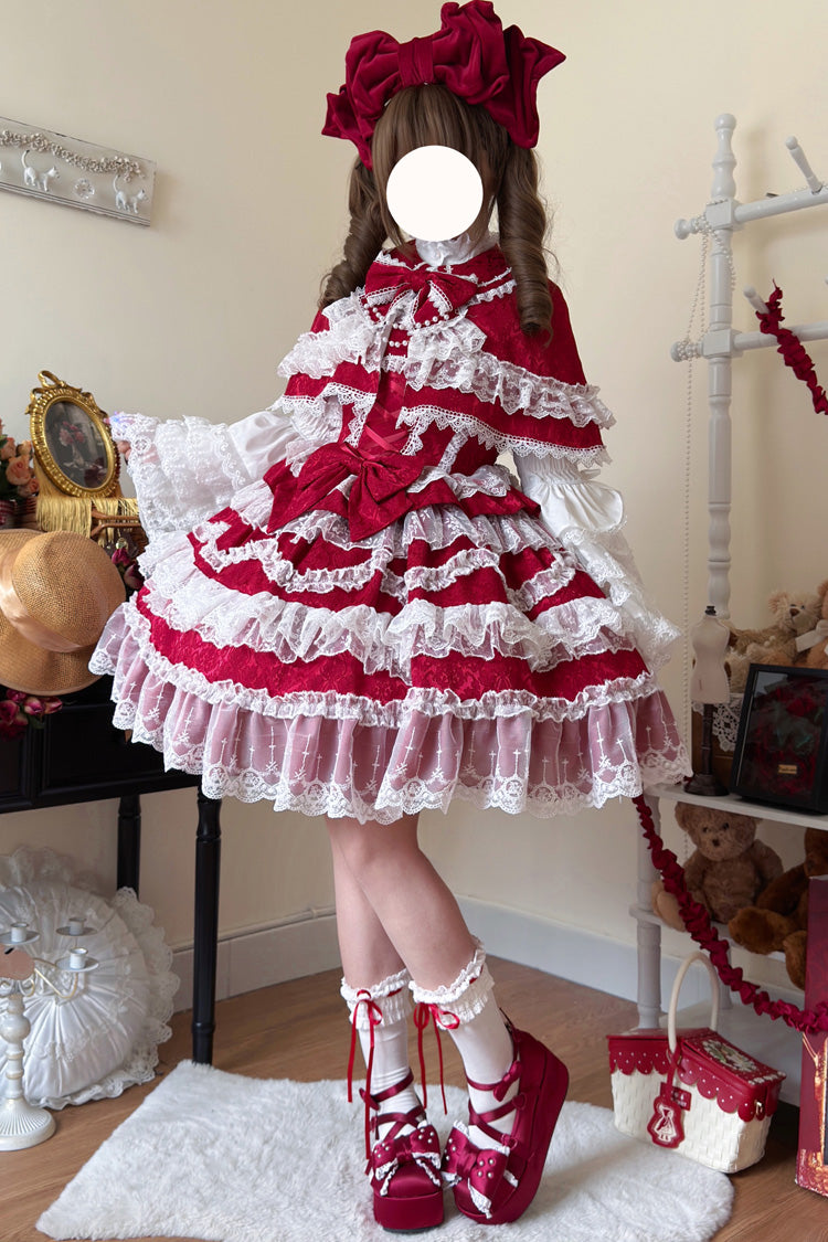 Wine Red [Love and Heart Flutter] Sleeveless Multi-Layered Ruffle Bowknot Lace Pearl Sweet Lolita Jsk Dress - Wine-Red - 1