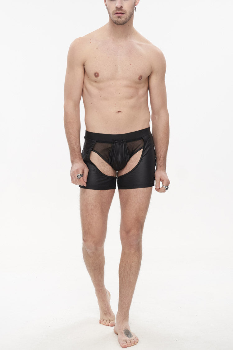 Black Knit Lace Up Perspective Sexy Slim Men's Punk Shorts - Black - 1