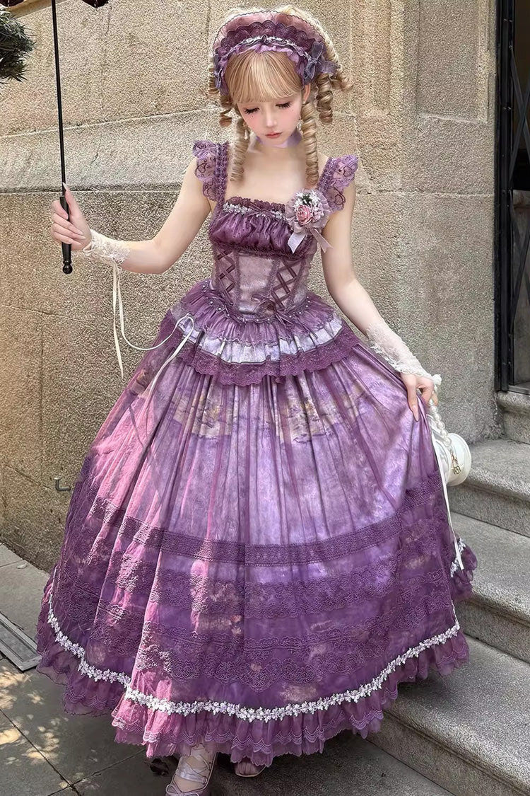 Purple [Mist-shrouded Vineyard] Sleeveless Ruffle Bowknot Lace-Up Sweet Lolita Jsk Skirt Dress Set - Product - 3