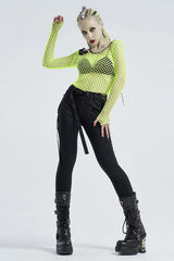 Green Long Sleeve Round Collar Shoulder Hollow Out Leather Hasp Coarse Mesh Women's Punk T-Shirt - Product - 5