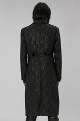Black Punk Woven Print Large Collar Simple Atmospheric Long Men's Coat - Product - 3