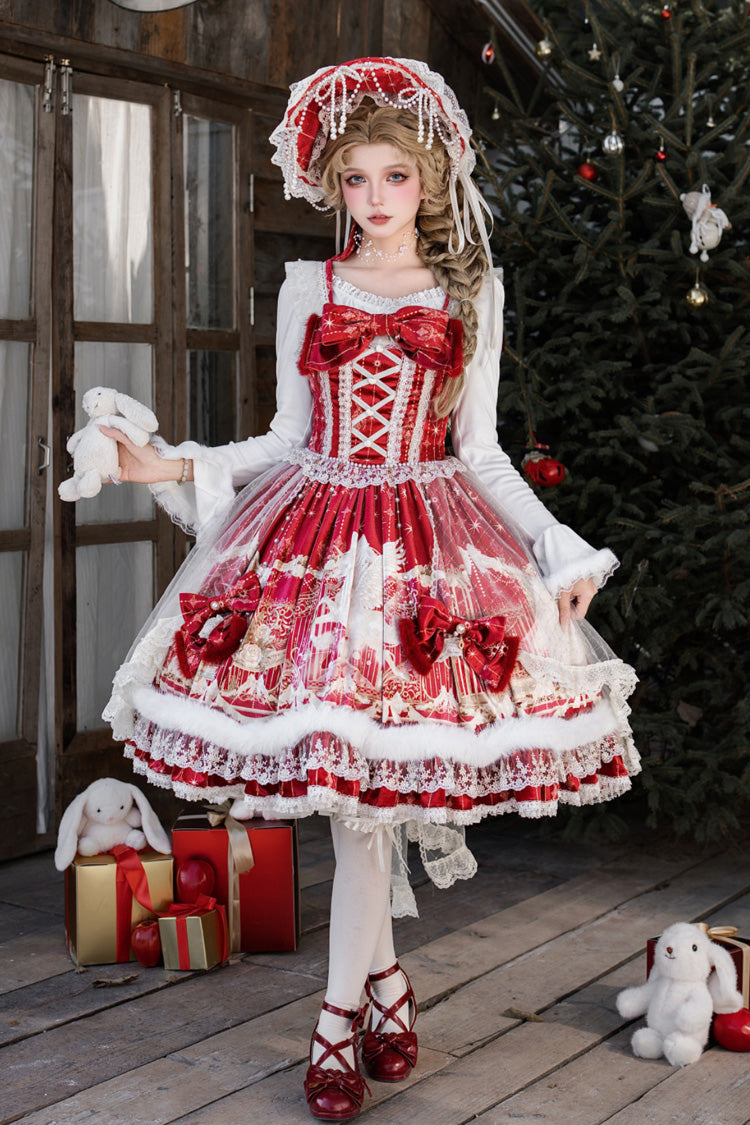 Red [Happy New Year] Printed Ruffled Bow Lace Classic Chinese Style Gorgeous Lolita Jsk Dress - Product - 5
