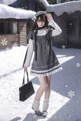 Grey Square Collar Long Sleeves Polka Dot Printed Ruffled Sweet Lolita Dress - Product - 17