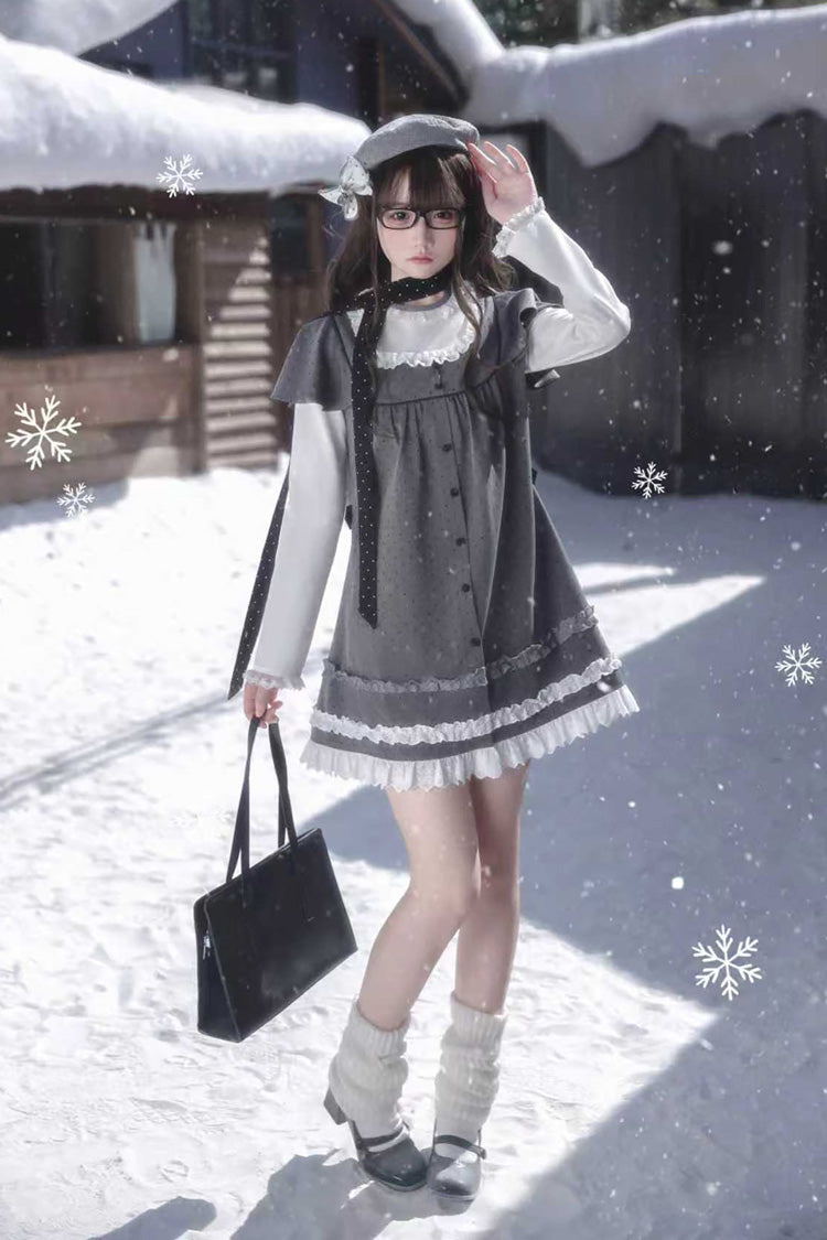 Grey Square Collar Long Sleeves Polka Dot Printed Ruffled Sweet Lolita Dress - Product - 17