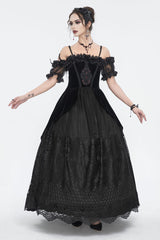 Black Off Shoulder High Waisted Print Lace Women's Gothic Dress - Product - 2