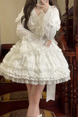 White [Layered Buttercream Frosting] Short Sleeves Ruffle Bowknot Lace Sweet Lolita Dress - Product - 14
