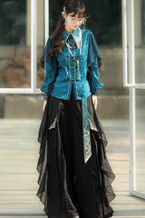 Black/Green Round Collar Long Sleeves Ruffle Embroidery Chinese Style Vintage Handsome Ouji Lolita Set - Product - 11