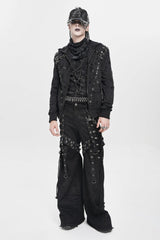 Black Spliced Lace-Up Mesh Ripped Men's Punk Baggy Pants - Product - 8
