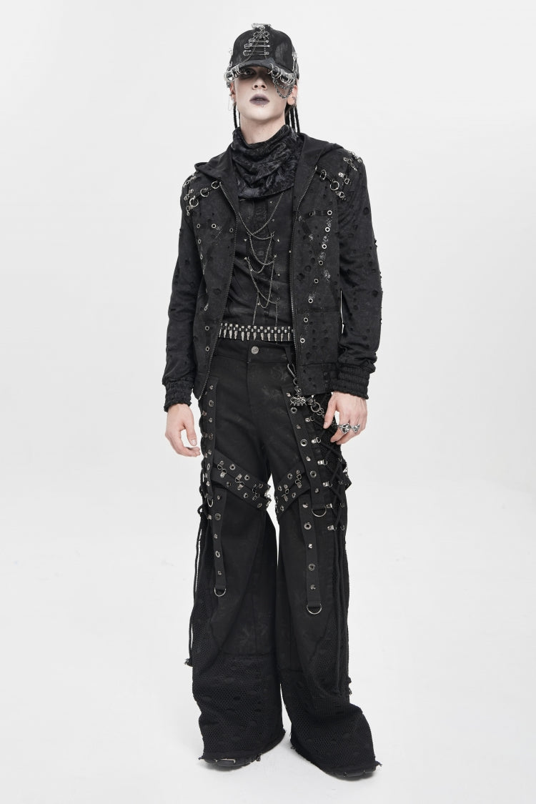 Black Spliced Lace-Up Mesh Ripped Men's Punk Baggy Pants - Product - 8