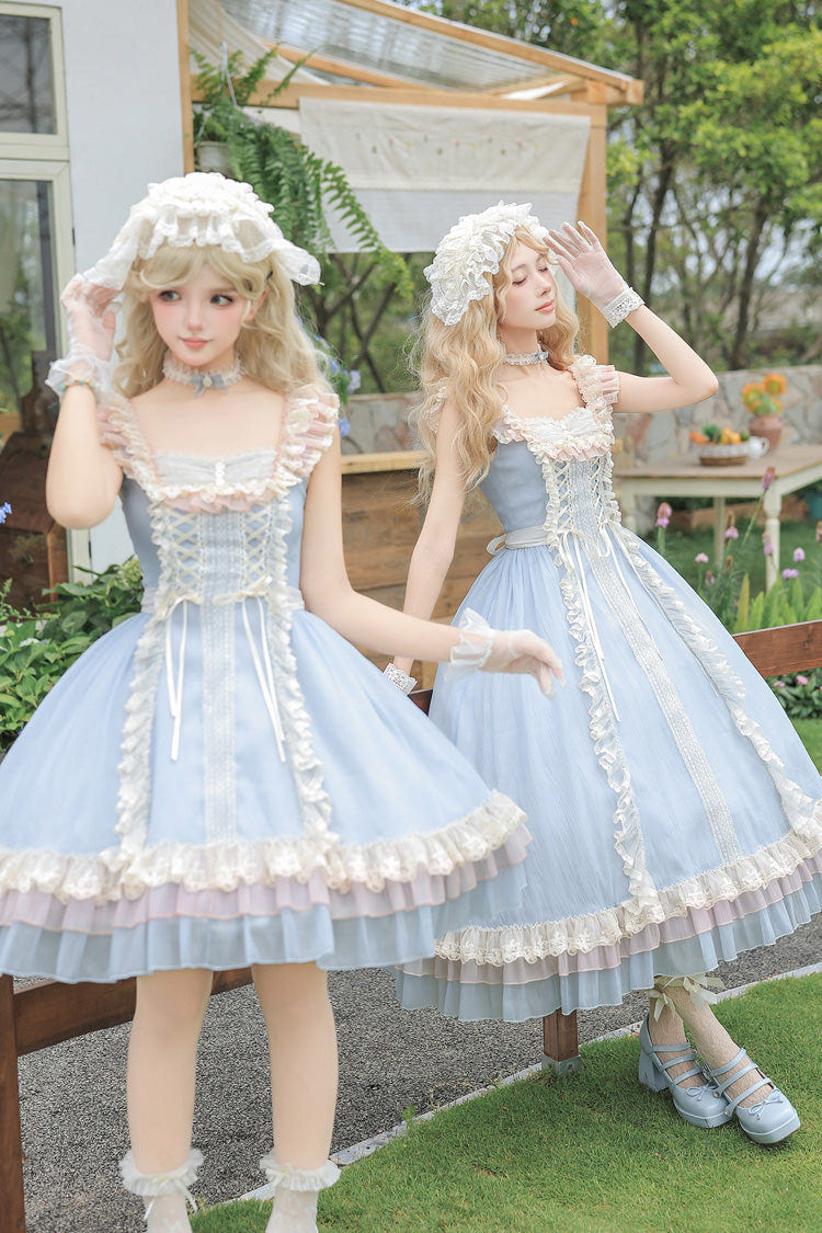 Blue [Island Diary] Square Collar Flutter Sleeves Triple-Layered Ruffled Lace-Up Sweet Lolita Jsk Dress 2 Versions - Product - 4
