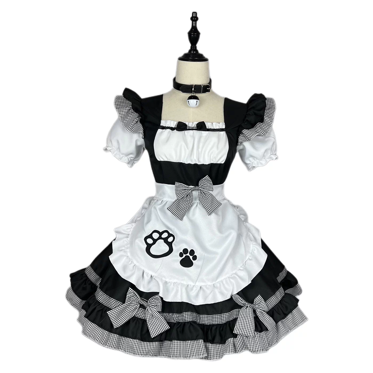 Black and Pink Ruffled Maid Lolita Dress with Paw Print Apron Accent - view 6