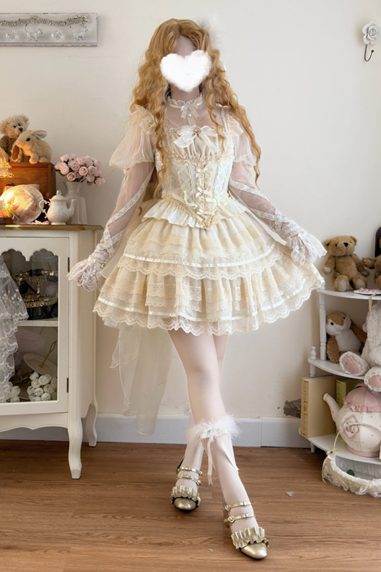Apricot [Girl Love] Double-Layered Bowknot Lace Sweet Ballet Lolita Skirt Set - Product - 5